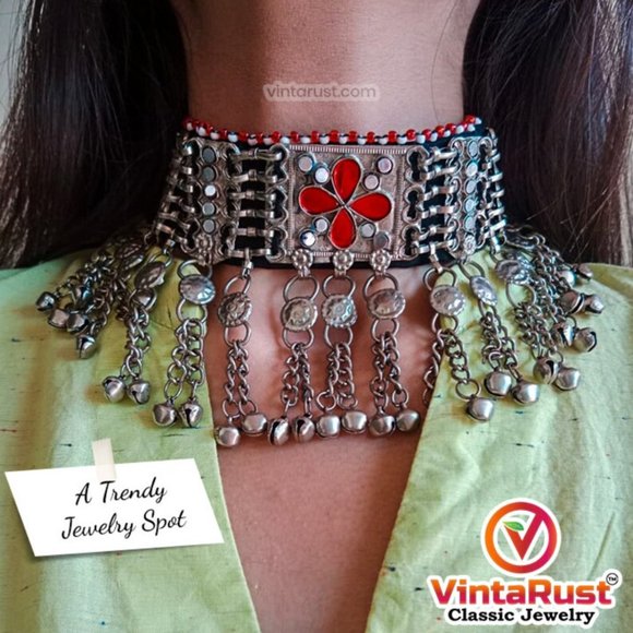 Tribal Glass Stones Choker Necklace With Dangling Tassels, Silver Kuchi Choker - Picture 3 of 8
